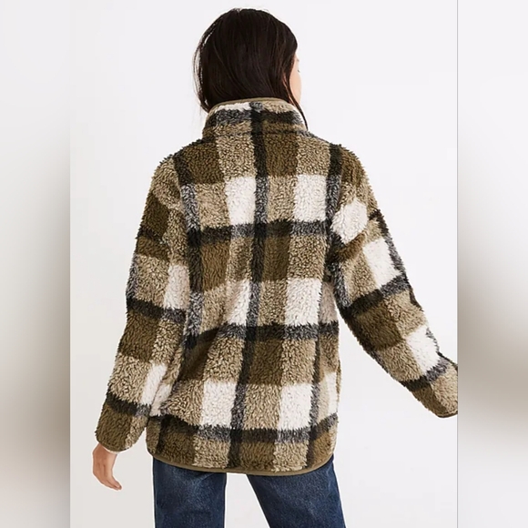 Madewell (Re)sourced Sherpa Popover Tunic Jacket in Plaid Olive Surplus Size S - Picture 9 of 16